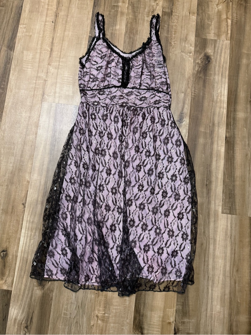 Vintage Lace Overlay A-Line Dress in Pink with Black Trim Fairy Dress WhimsyGoth